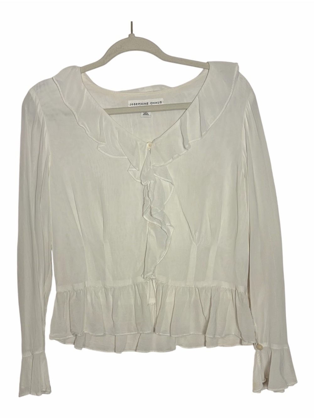 Josephine Chaus White Ruffle Button Pirate Blouse Size 10 TINY HOLE & STAIN